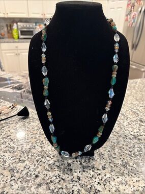 Turquoise Bead and Crystal Necklace - Women's Jewelry